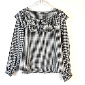 Goodnight Macaroon Top Women L Black White Gingham Ruffle Cottage Blouse NWOT